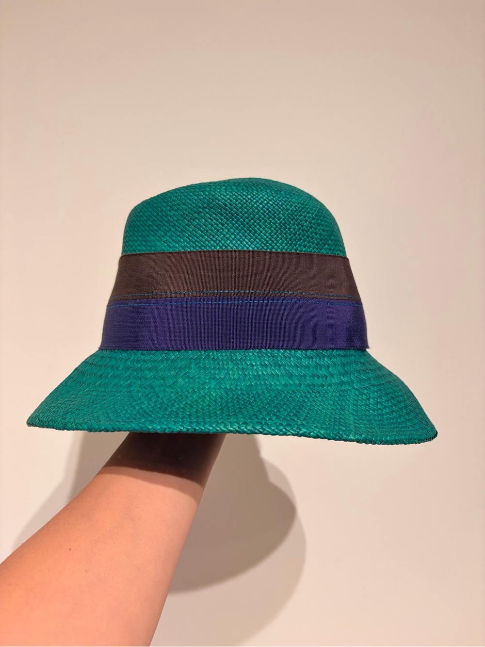 Lola Green Straw Fedora Cloche Bucket Hat with Brown and Navy Band S/M 22"
